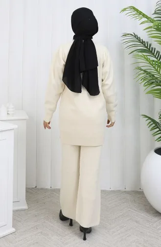 Knitwear Floral Patterned Tunic Trousers Two Piece Set 1110-08 Beige 1110-08