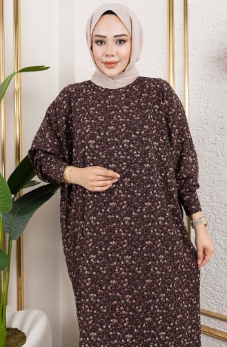 فستان كريب منقوش 7137-01 بني 7137-01