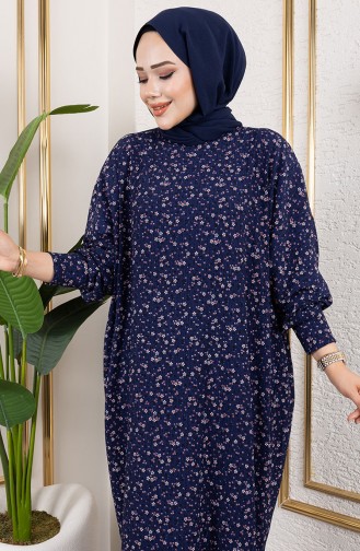 Patterned Crepe Dress 7137-02 Navy Blue 7137-02