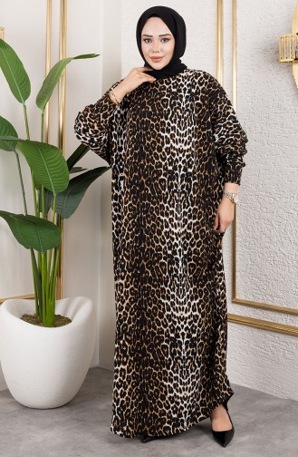 فستان كريب منقوش 7137-05 أسود بني 7137-05