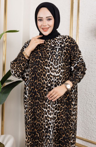 فستان كريب منقوش 7137-05 أسود بني 7137-05