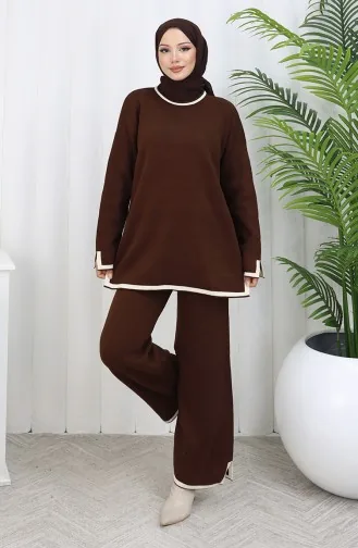 Gebreide Trui Met Split En Broek Tweedelig Set 0011-03 Bruin 0011-03