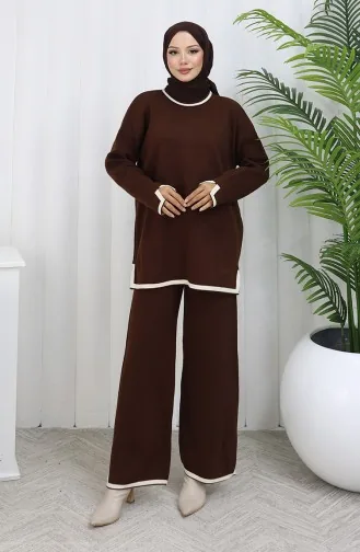 Gebreide Trui Met Split En Broek Tweedelig Set 0011-03 Bruin 0011-03