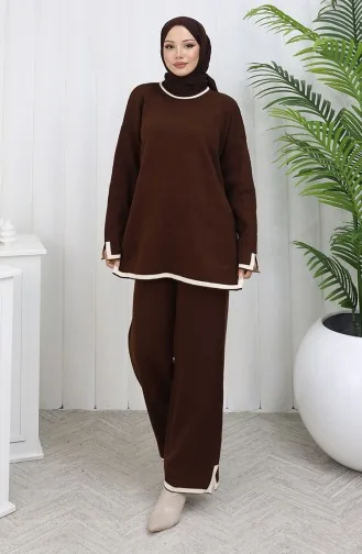 Gebreide Trui Met Split En Broek Tweedelig Set 0011-03 Bruin 0011-03