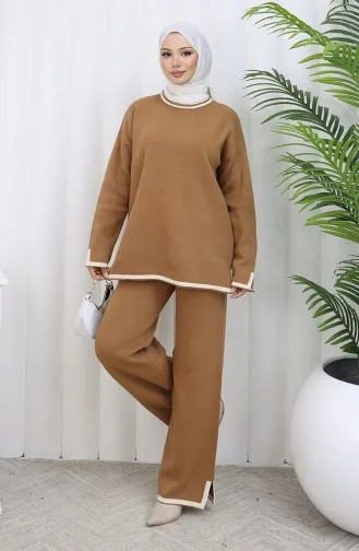Strickwaren Schlitz Detail Pullover Hose Zweiteiler Set 0011-05 Milchkaffee 0011-05