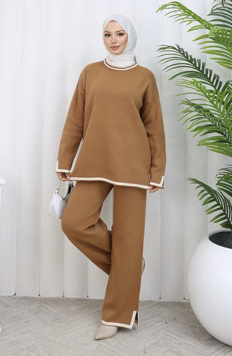 Strickwaren Schlitz Detail Pullover Hose Zweiteiler Set 0011-05 Milchkaffee 0011-05