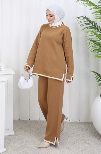 Ensemble Deux Pièces En Tricot Avec Pull Et Pantalon Fendus 0011-05 Milk Coffee 0011-05