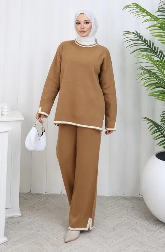 Strickwaren Schlitz Detail Pullover Hose Zweiteiler Set 0011-05 Milchkaffee 0011-05