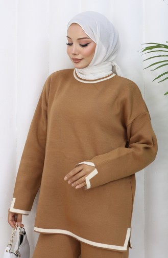 Ensemble Deux Pièces En Tricot Avec Pull Et Pantalon Fendus 0011-05 Milk Coffee 0011-05