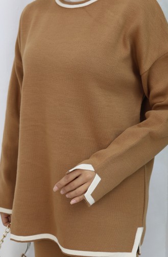 Ensemble Deux Pièces En Tricot Avec Pull Et Pantalon Fendus 0011-05 Milk Coffee 0011-05