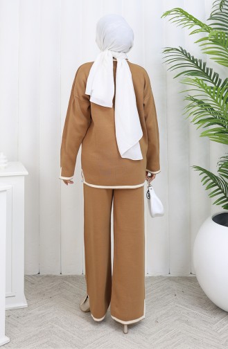 Ensemble Deux Pièces En Tricot Avec Pull Et Pantalon Fendus 0011-05 Milk Coffee 0011-05