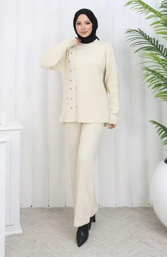Breiwerk Steen Gedetailleerde Trui Broek Tweedelig Set 0014-02 Beige 0014-02