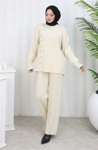 Breiwerk Steen Gedetailleerde Trui Broek Tweedelig Set 0014-02 Beige 0014-02
