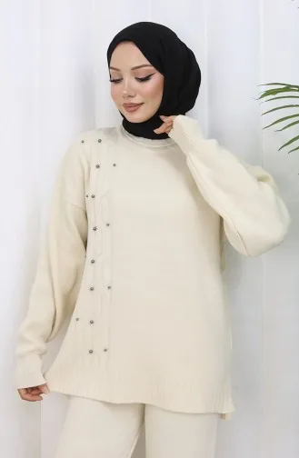 Breiwerk Steen Gedetailleerde Trui Broek Tweedelig Set 0014-02 Beige 0014-02