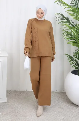 Strickwaren Stein Detail Pullover Hose Zweiteiler Set 0014-03 Milchkaffee 0014-03