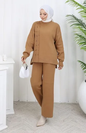 Strickwaren Stein Detail Pullover Hose Zweiteiler Set 0014-03 Milchkaffee 0014-03