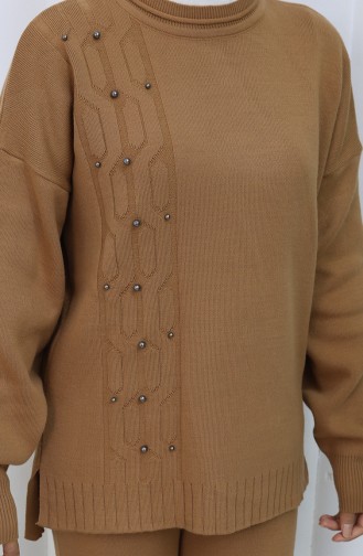 Breiwerk Steen Gedetailleerde Trui Broek Tweedelig Set 0014-03 Melk Koffie 0014-03