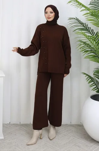 Knitwear Stone Detailed Sweater Trousers Two Piece Set 0014-04 Brown 0014-04