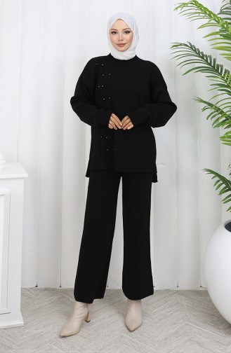 Ensemble Deux Pièces Pull Et Pantalon En Maille Avec Détails En Pierre 0014-07 Noir 0014-07