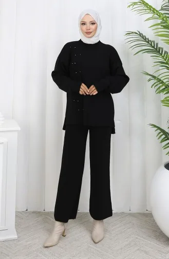 Triko Taş Detaylı Kazak Pantolon İkili Takım 0014-07 Siyah