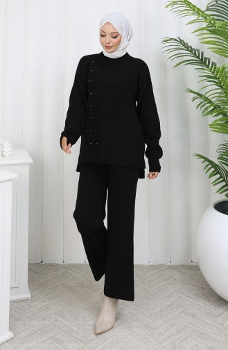 Ensemble Deux Pièces Pull Et Pantalon En Maille Avec Détails En Pierre 0014-07 Noir 0014-07