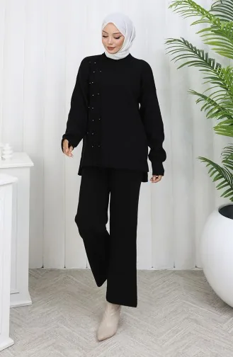 Triko Taş Detaylı Kazak Pantolon İkili Takım 0014-07 Siyah