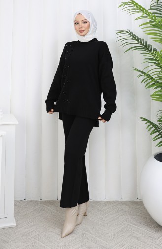 Ensemble Deux Pièces Pull Et Pantalon En Maille Avec Détails En Pierre 0014-07 Noir 0014-07
