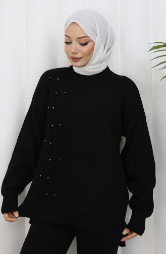 Ensemble Deux Pièces Pull Et Pantalon En Maille Avec Détails En Pierre 0014-07 Noir 0014-07