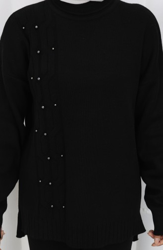 Ensemble Deux Pièces Pull Et Pantalon En Maille Avec Détails En Pierre 0014-07 Noir 0014-07