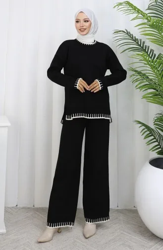 Breiwerk Wimper Gedetailleerde Trui Broek Tweedelig Set 0015-01 Zwart 0015-01
