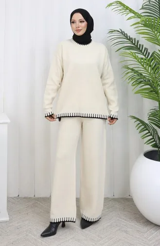 طقم من قطعتين من سترة وبنطلون محبوك بتفاصيل رموش 0015-05 بيج 0015-05