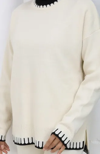 طقم من قطعتين من سترة وبنطلون محبوك بتفاصيل رموش 0015-05 بيج 0015-05