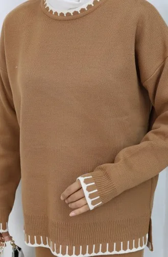 طقم من قطعتين من سترة وبنطلون محبوك بتفاصيل رموش 0015-06 لون قهوة حليبية 0015-06