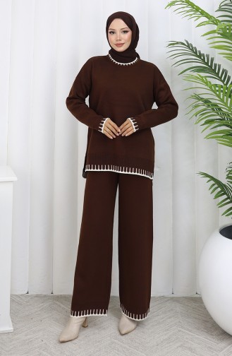 Knitwear Eyelash Detailed Sweater Trousers Two Piece Set 0015-07 Brown 0015-07