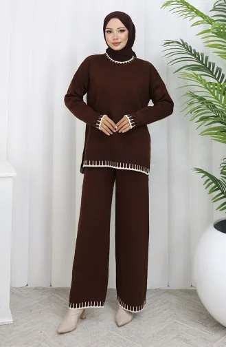 Ensemble Deux Pièces Pull-pantalon En Tricot à Détails De Cils 0015-07 Marron 0015-07