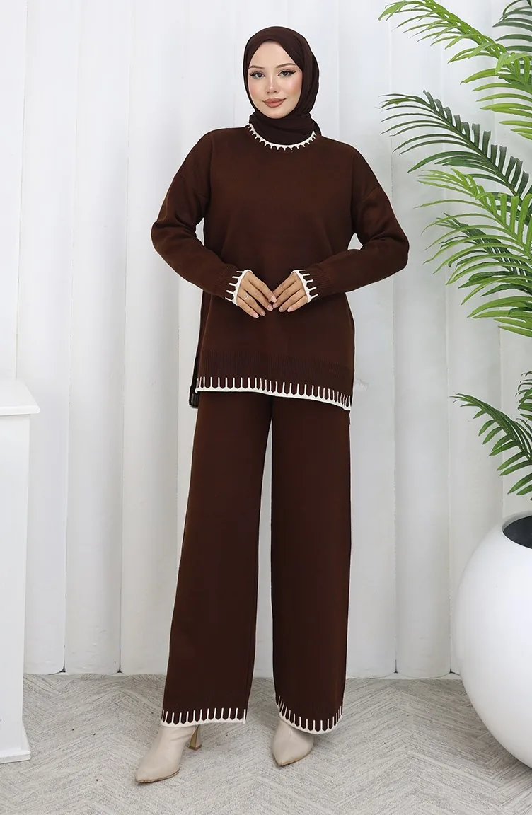 Ensemble Deux Pièces Pull-pantalon En Tricot à Détails De Cils 0015-07 Marron 0015-07