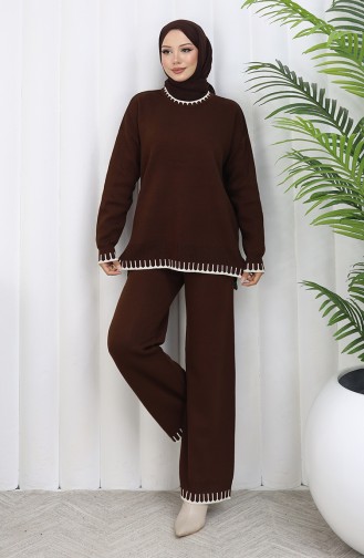 Knitwear Eyelash Detailed Sweater Trousers Two Piece Set 0015-07 Brown 0015-07