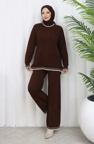 Ensemble Deux Pièces Pull-pantalon En Tricot à Détails De Cils 0015-07 Marron 0015-07