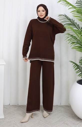 Knitwear Eyelash Detailed Sweater Trousers Two Piece Set 0015-07 Brown 0015-07
