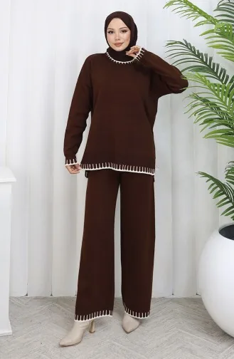 Ensemble Deux Pièces Pull-pantalon En Tricot à Détails De Cils 0015-07 Marron 0015-07