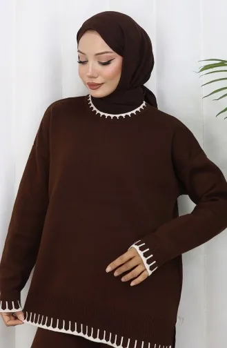 Ensemble Deux Pièces Pull-pantalon En Tricot à Détails De Cils 0015-07 Marron 0015-07