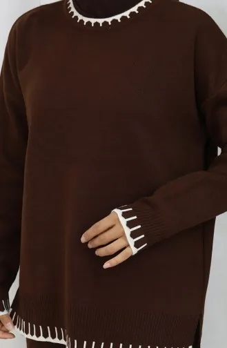 Ensemble Deux Pièces Pull-pantalon En Tricot à Détails De Cils 0015-07 Marron 0015-07