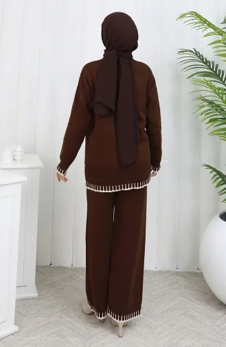 Ensemble Deux Pièces Pull-pantalon En Tricot à Détails De Cils 0015-07 Marron 0015-07