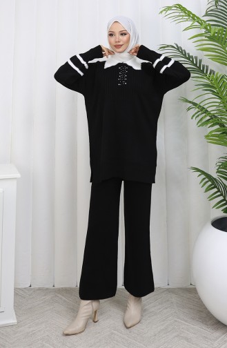 Ensemble Deux Pièces Tunique Et Pantalon En Tricot Avec Col Détaillé 1002-01 Noir 1002-01