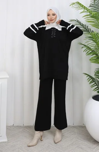 بدلة من قطعتين، بنطال تونك بياقة محبوكة وتفاصيل، لون أسود، رقم 1002-01 1002-01