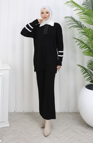 Ensemble Deux Pièces Tunique Et Pantalon En Tricot Avec Col Détaillé 1002-01 Noir 1002-01