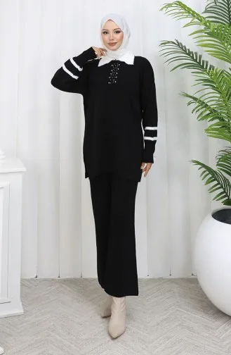 بدلة من قطعتين، بنطال تونك بياقة محبوكة وتفاصيل، لون أسود، رقم 1002-01 1002-01