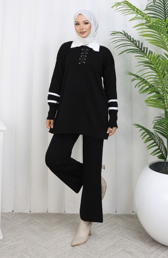 Ensemble Deux Pièces Tunique Et Pantalon En Tricot Avec Col Détaillé 1002-01 Noir 1002-01