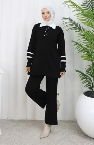 بدلة من قطعتين، بنطال تونك بياقة محبوكة وتفاصيل، لون أسود، رقم 1002-01 1002-01