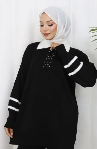 بدلة من قطعتين، بنطال تونك بياقة محبوكة وتفاصيل، لون أسود، رقم 1002-01 1002-01